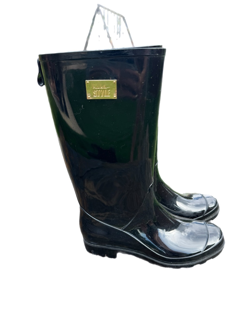 Nicole Miller New York Tall Rain Boots Black Glossy Rubber Lug Sole Sz 9M